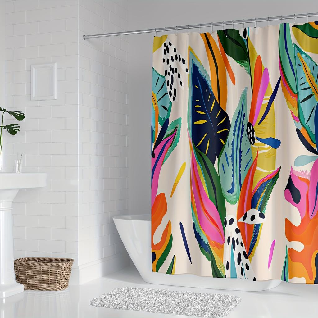 [Vibrant Shower Curtain] Vibrant YWJHUI Tropical Leaf Print Shower Curtain, Machine Washable Polyester, Colorful Retro Design
