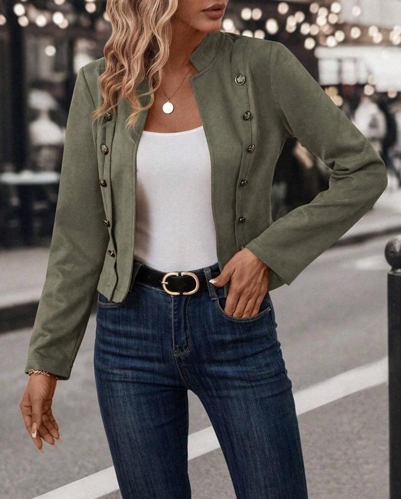 Retro Suede Double-Breasted Jacket with Decorative Buttons
