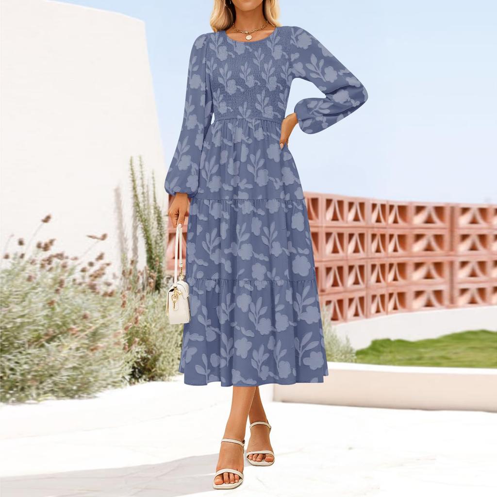 Women's Fashionable Casual Round Neck Long Sleeved Solid Color Dress