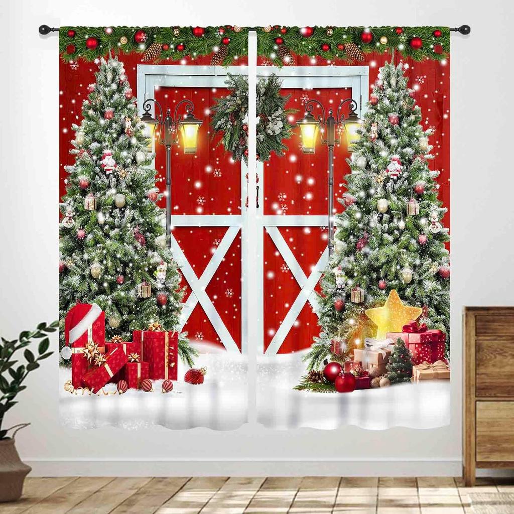 Winter Kitchen Christmas,Christmas Pine Tree Nature Forest Deer Watercolor Cabin Rustic Farmhouse Holiday Window Treatments