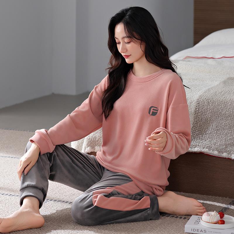 Pajamas Women'S Autumn And Winter Island Fleece Round Neck Pullover Spring And Autumn Coral Fleece Fleece Thin Fleece Loungewear