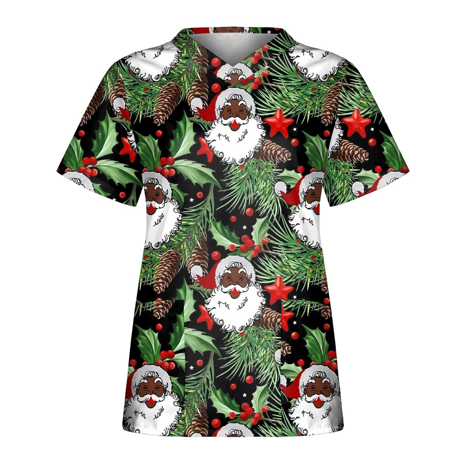 

Women s Christmas Dress Printed Short Sleeve V-Neck Top Workwear Casual Pocket Top L зелений