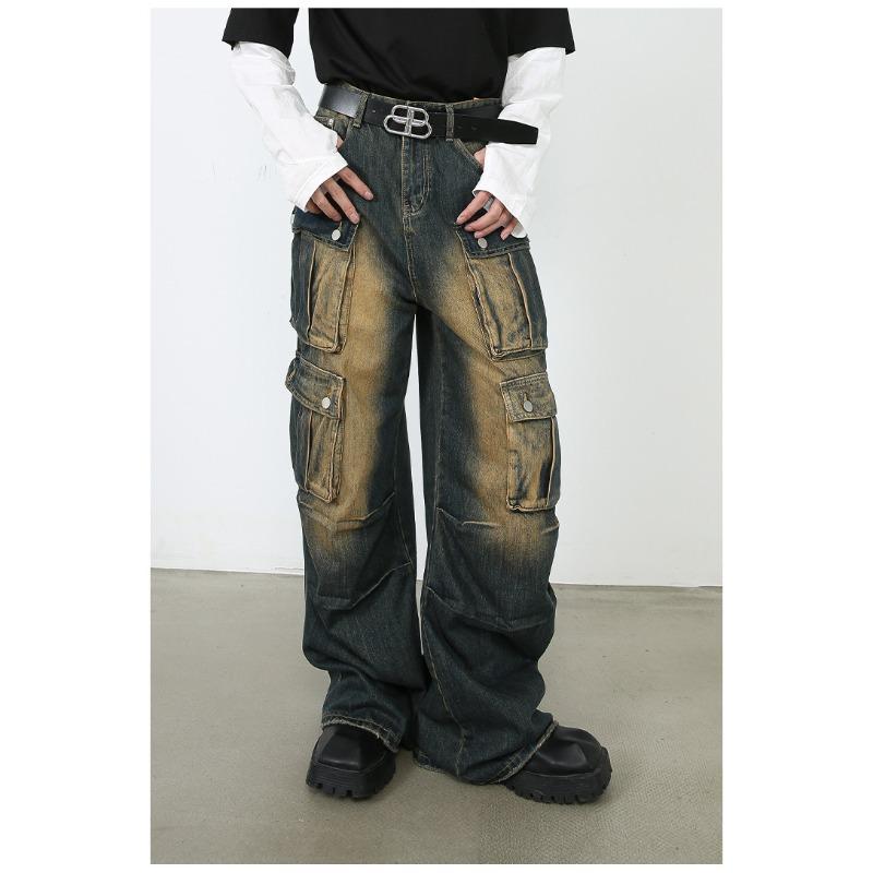 Vintage Overalls Men's Jeans High Street Loose Straight Multi Pockets Wide Leg Pants Straight Loose Jeans for Men Fashionable and Comfortable Pants