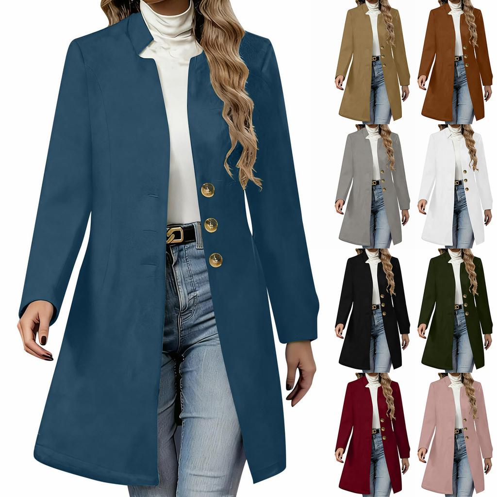 Women's Fashion Long-Line Slim-Fit Coat Solid-Colour Long-Sleeved Outerwear