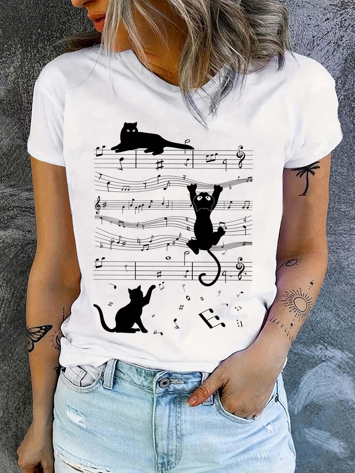 

Cat Print T-shirt. Short Sleeve Crew Neck Casual Top For S XXL дубильная кора