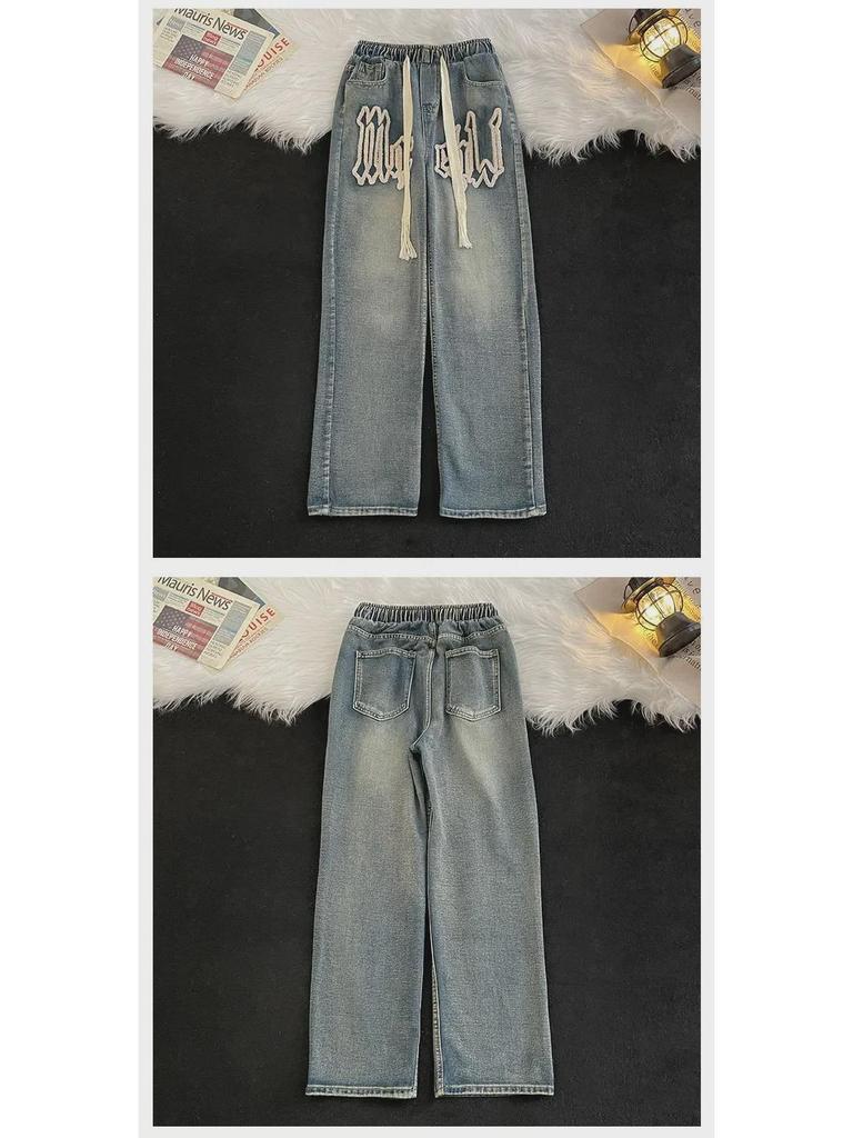 Męskie modne dżinsy proste na każdą porę roku z haftem