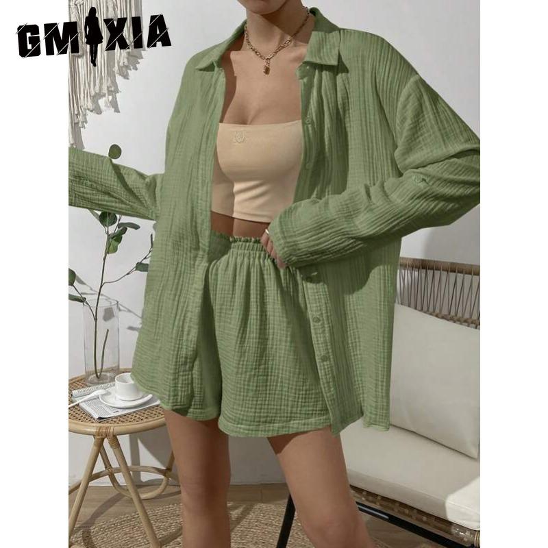 GMXIA Women's Spring and Summer Fashion Solid Colour Long-sleeved Shirt Suit Women Casual Loose Shorts Two-piece Set