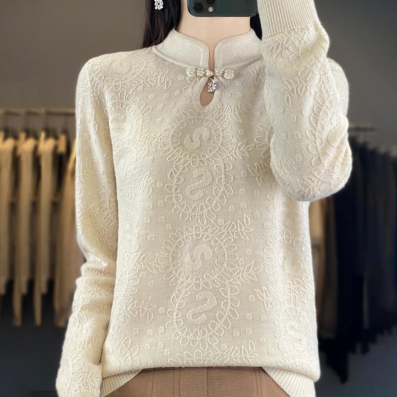 

Жіночий тривимірний в’язаний верх з коміром Cheongsam, вільний тонкий в’язаний низ 2XL бежевий