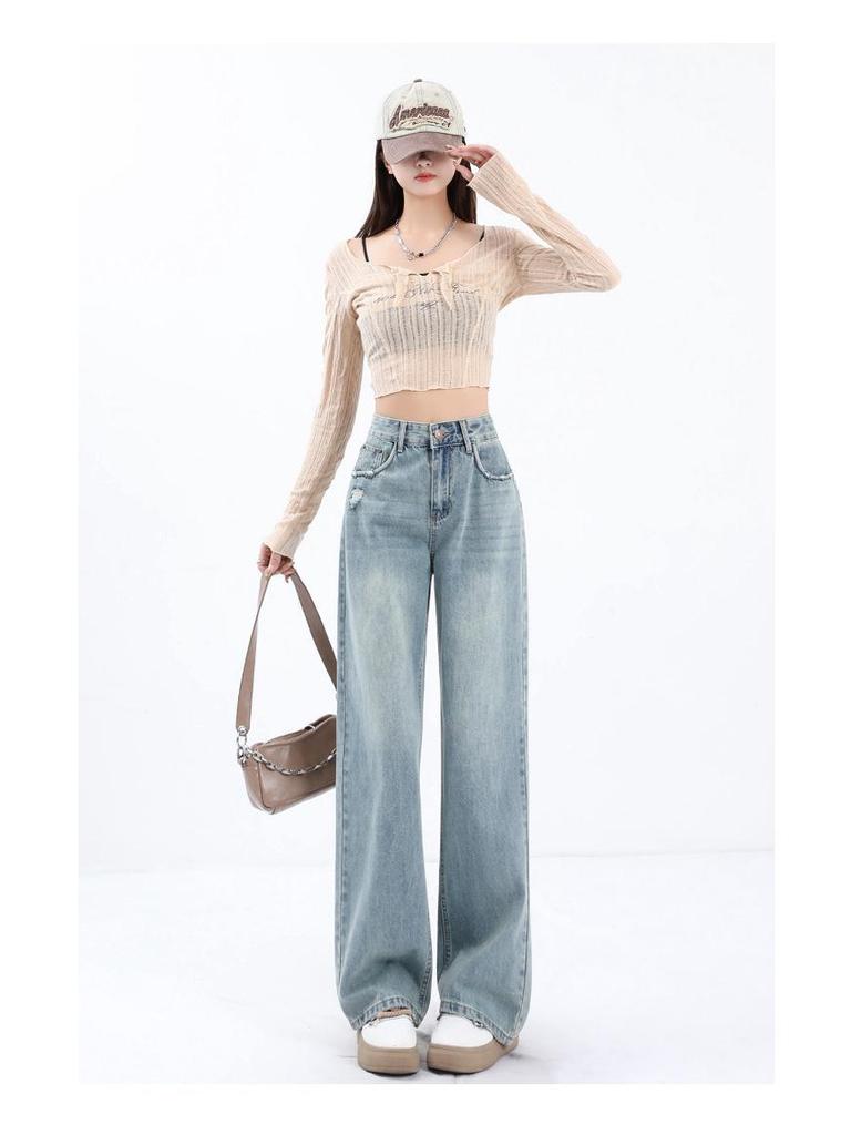 Spring 2024 High-Waisted Light Wide-Leg Jeans for Women: New Slimming, Loose Straight-Leg Design