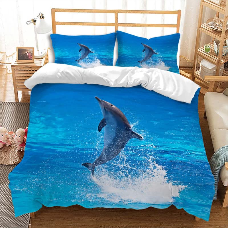 Comforter Dolphin Cute Jumping Dolphins Bedding Set Microfiber Marine Animals Comforter With 2 Pillow Sham Twin King