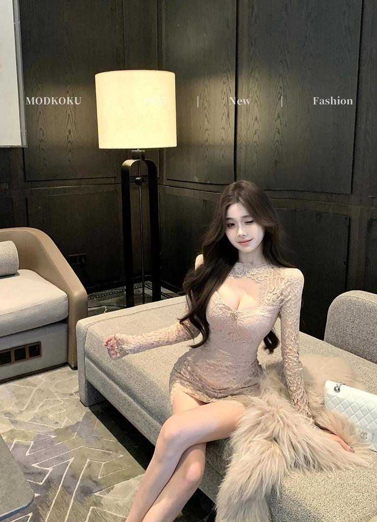 MODKOKU Floral Open Korean Sweet Wedding Long Size M Women's All-Lace Dress, V-Neck, Lace, Neck, Sexy, Sheer, Style, Elegant, Dress, Stylish, Cute,