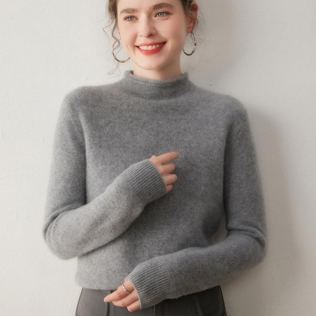 Women's Cashmere Knit Pullover: Seven-Stitch Rolled Hem, Half-High Collar, Solid Color Sweater