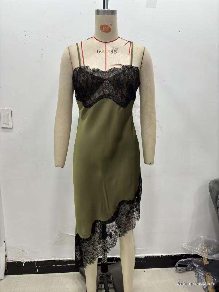Asymmetrical Lace Dress with Silk Satin Texture: European & American Women's Fashion