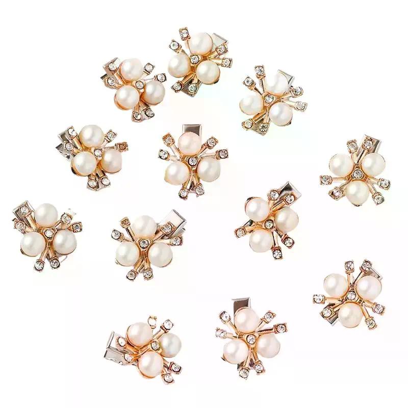 10PCS Sparkling Flower-shaped Crystal Pearl Button Pearl Hairpins Headwear Clip Rhinestone Buttons