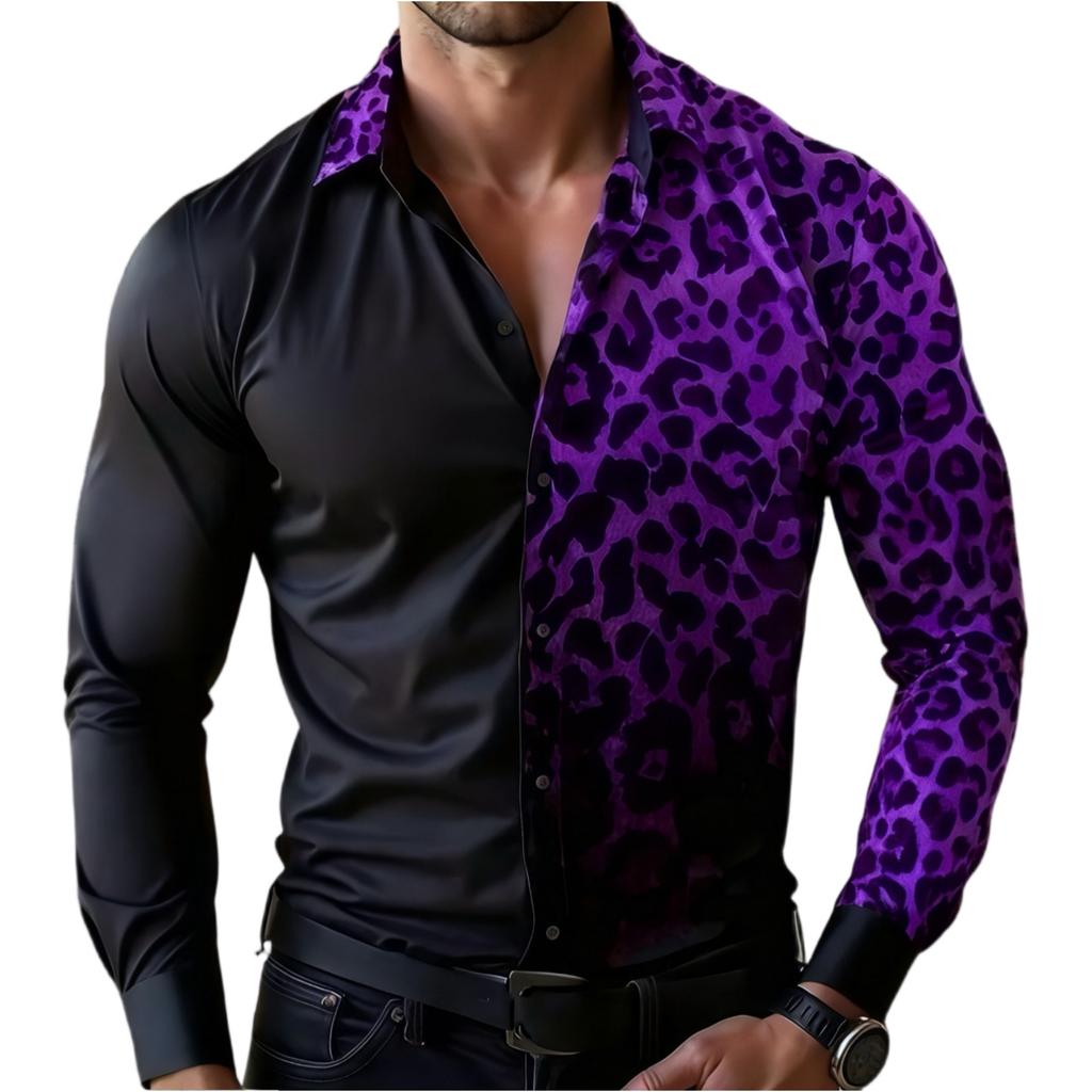 Camicia da uomo casual per le vacanze, con stampa leopardata, manica lunga, colletto a revers, bottoni