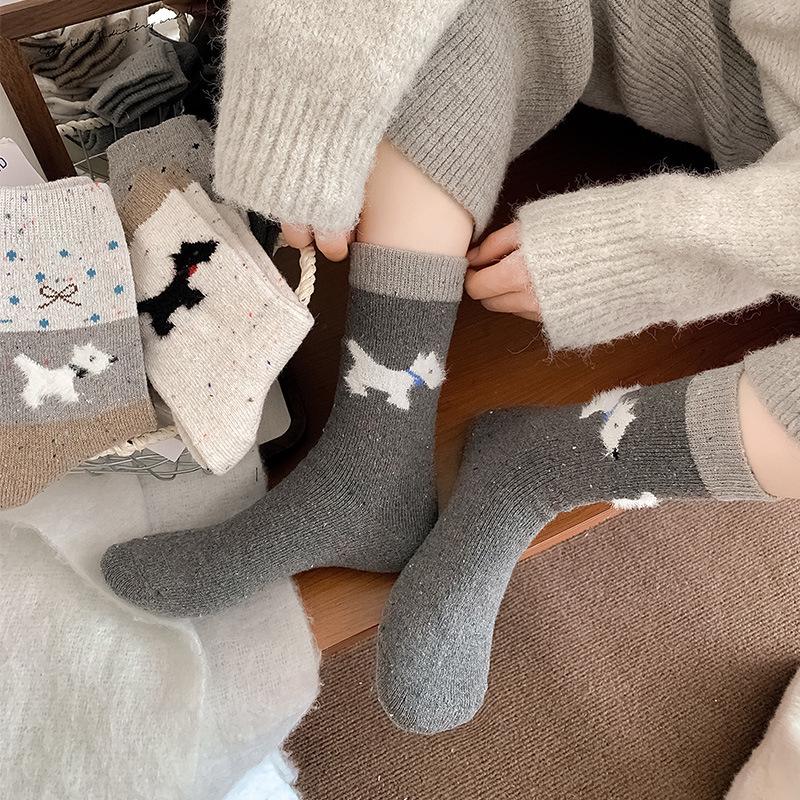 Women's Mid-Calf Fair Isle Pattern Wool Socks - Cute, Warm, and Thickened for Autumn and Winter, with Small Dog Design.