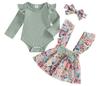 European & American Pastoral Style Infant Romper 3-Piece Set: Bow Floral Suspender Skirt
