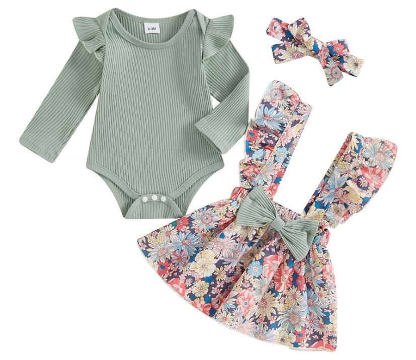 European & American Pastoral Style Infant Romper 3-Piece Set: Bow Floral Suspender Skirt