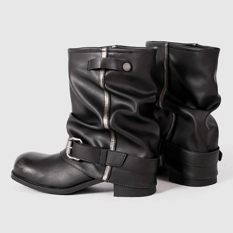 Women'S Boots Fashion Belt Buckle Design Chunky Root Platform Biker Boots Comfort Non-Slip Round Toe Mid Calf Boots
