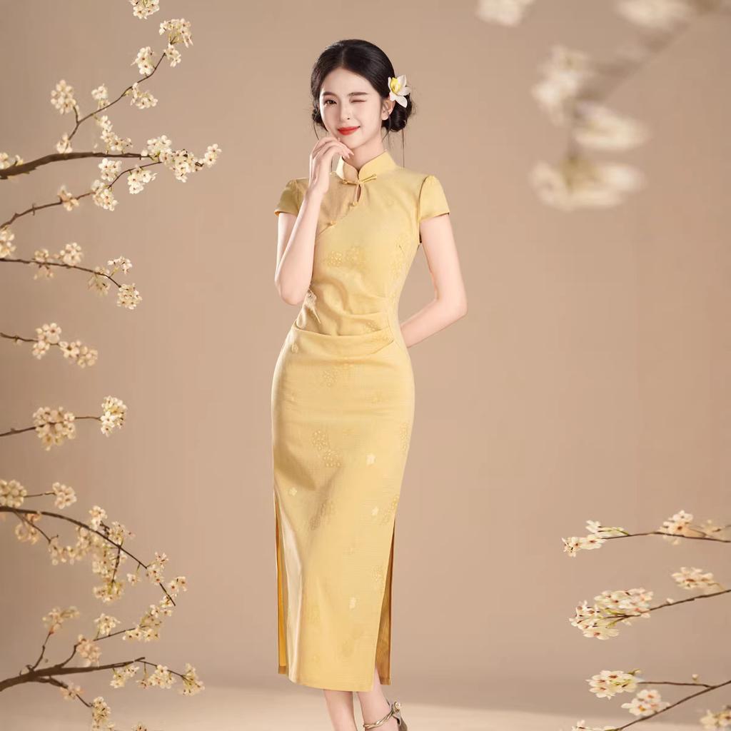 New Chinese style young yellow cheongsam bubble jacquard 1011 summer daily girly beautiful dress