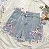 Blue High Waisted Denim Shorts Cross Tied Frayed Versatile Wide Leg Half Pants Japanese Style Summer Fashion Lady Shorts