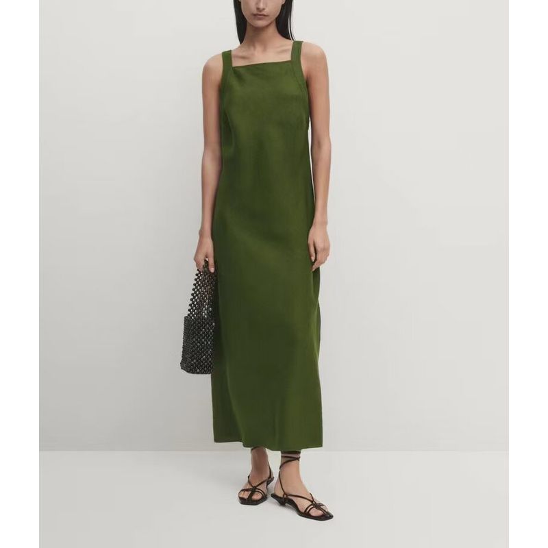 MD Spring/Summer New Holiday Elegant Dignified Side Slit Linen Blended Sling Length Dress 6695100