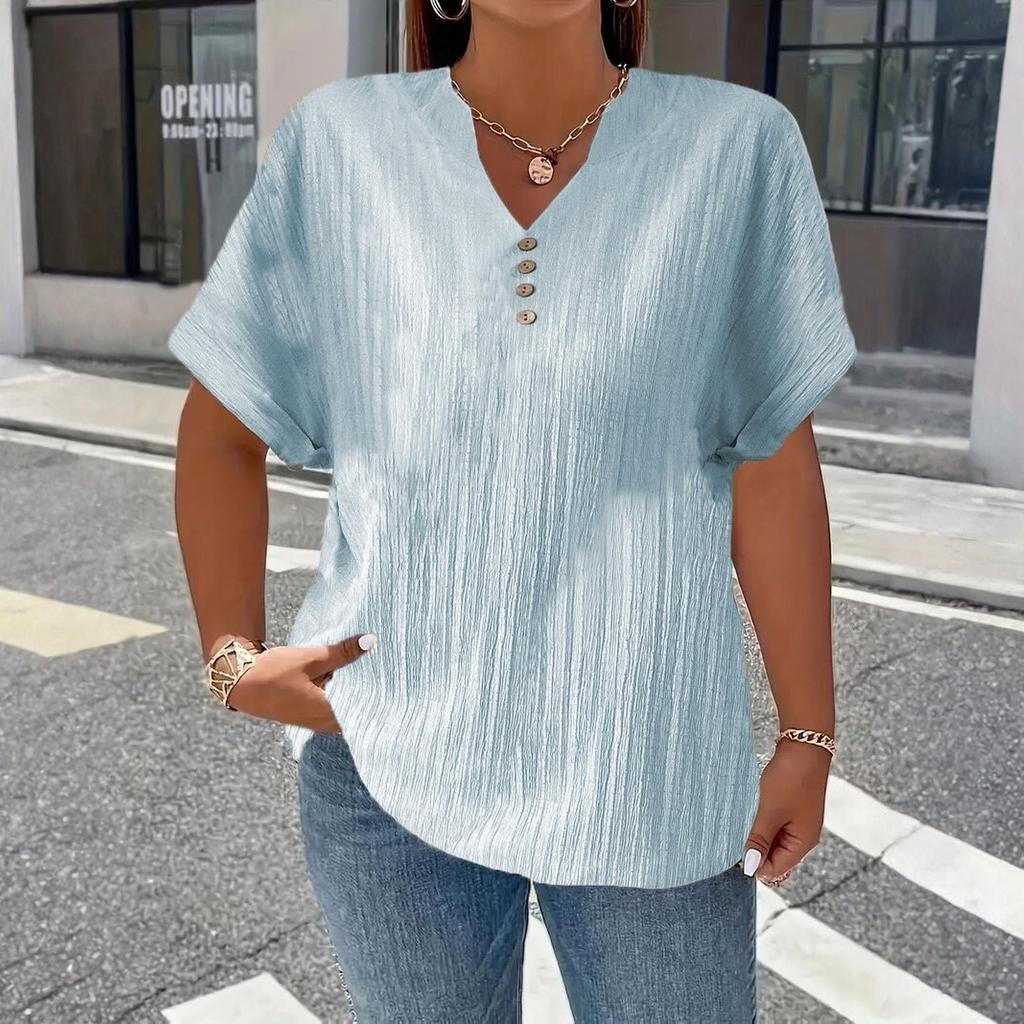 Women’s Short Sleeve V Neck Blouse with Button Loose Fit Tunic Top for Casual Daily Wear