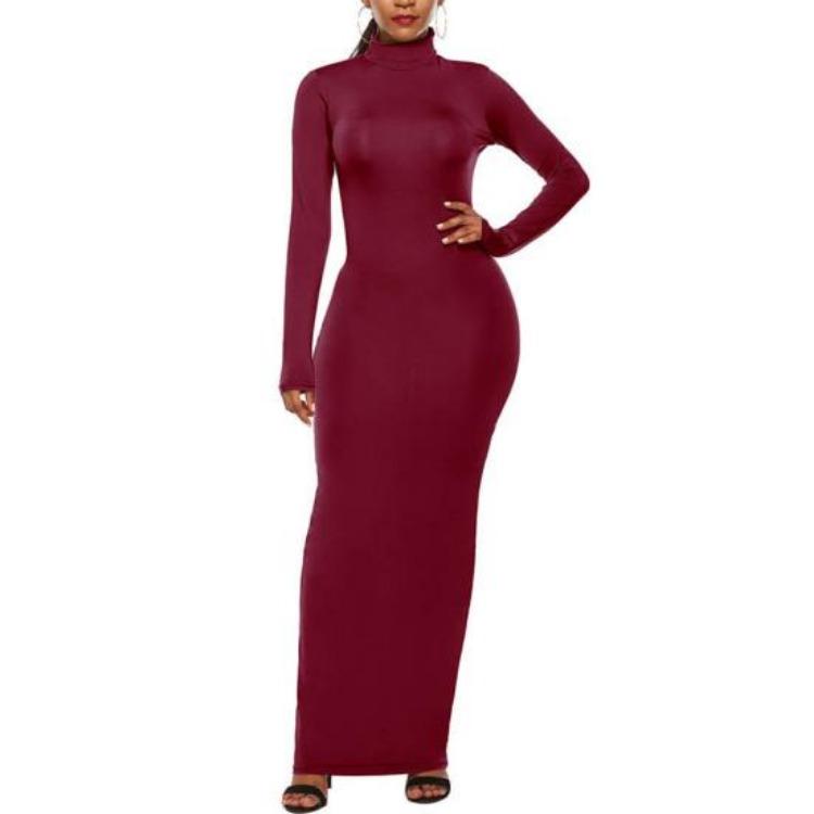 Stretchy Bodycon Long Dress Solid Color Turtle Neck Casual Womens Long Sleeve