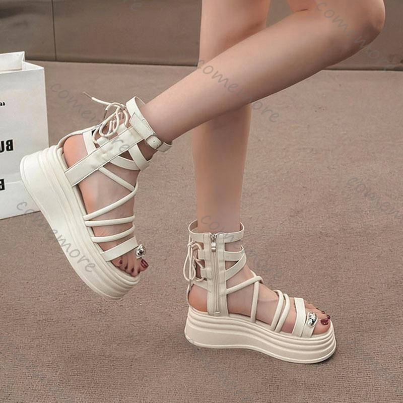 Fashion Comemore New Round Head Set Toe Women's Shoes Thick Soled Roman Sandals Tide Hollow Cold Strap Sports Beach Boots for Women