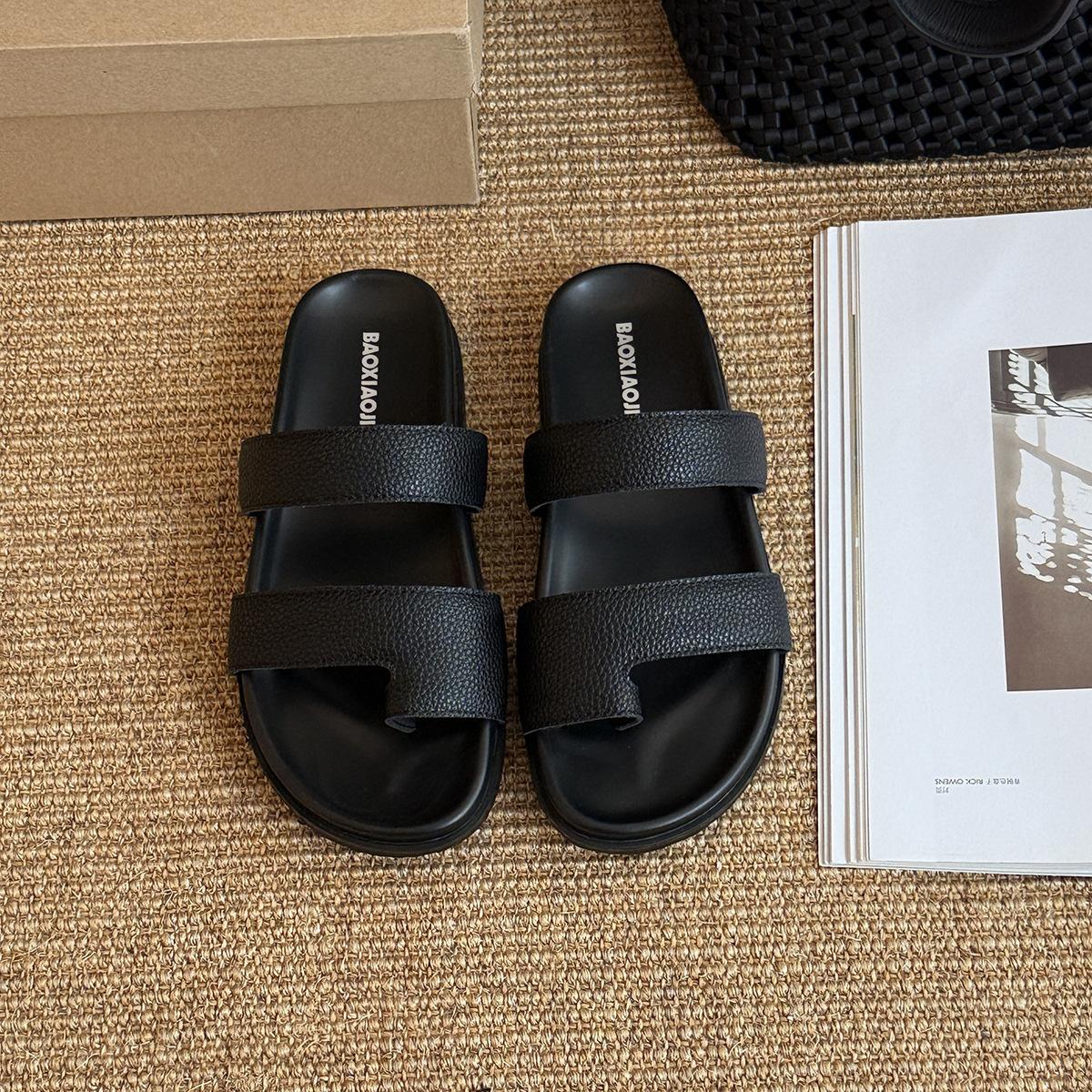 

French niche set of toe sandals women s outerwear one-word drag 2025 summer new full flat-bottomed sand-resistant slippers 35 чёрный