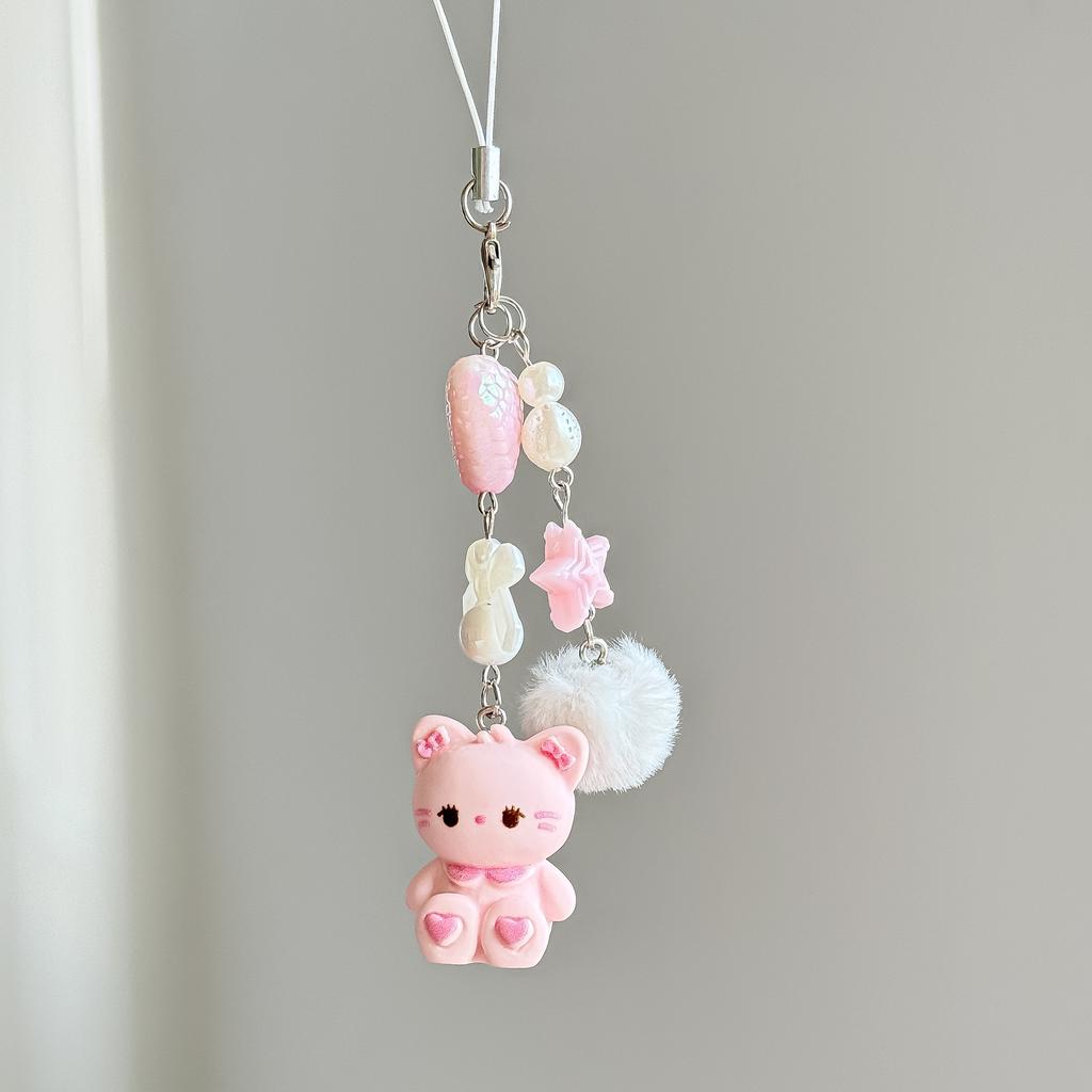 Furry Cute Cartoon Short Phone Charm for Girl Kawaii Cartoon Kitten Keychain Phone Lanyard Earphone Pendant Phone Accessories