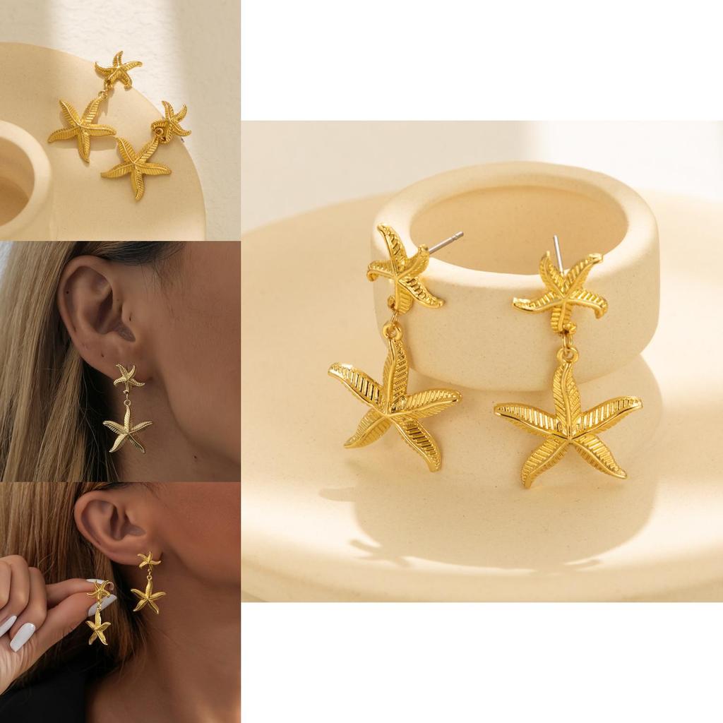 Elegant Gold Alloy Starfish Pendant Earrings Fashionable Women's Star Shape Jewelry For Autumn 2023