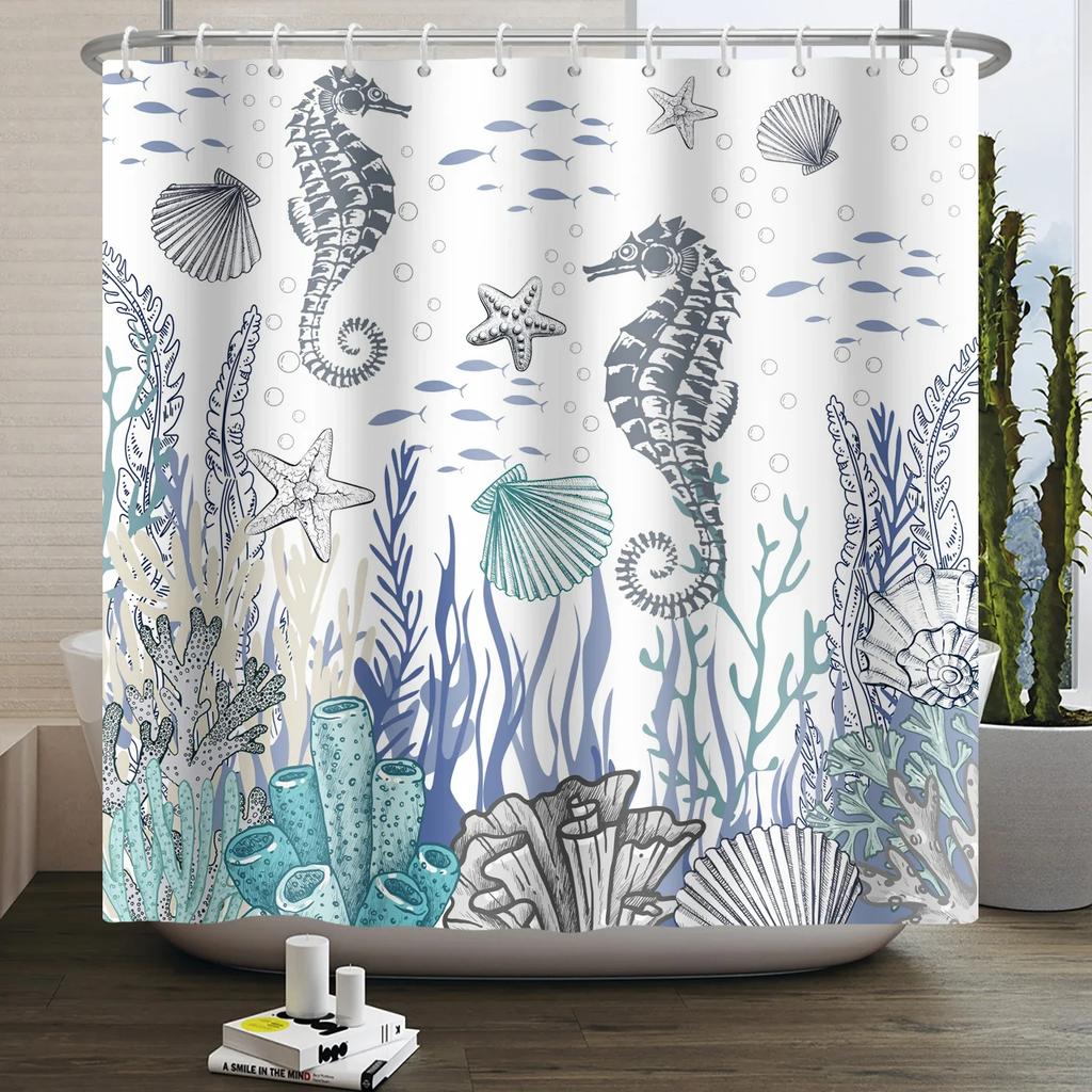 Nautical Coastal Shower Curtain Starfish Coral Seashell Beach Ocean Bathroom Curtain Underwater Marine Waterproof Bath Curtain