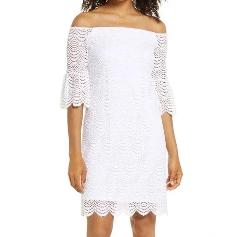 

Foreign Trade Order Li s off-Neck Lace Horn Half Sleeve White Lady Slimming Sheath Sexy Beautiful Dress White L