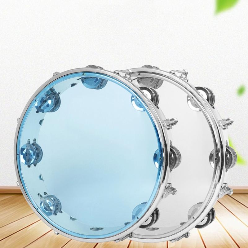 10Inch Double Row Tambourine Round Musical Tambourine Metal Bells Hand Held Percussion Drum with Ergonomic Handle Grip