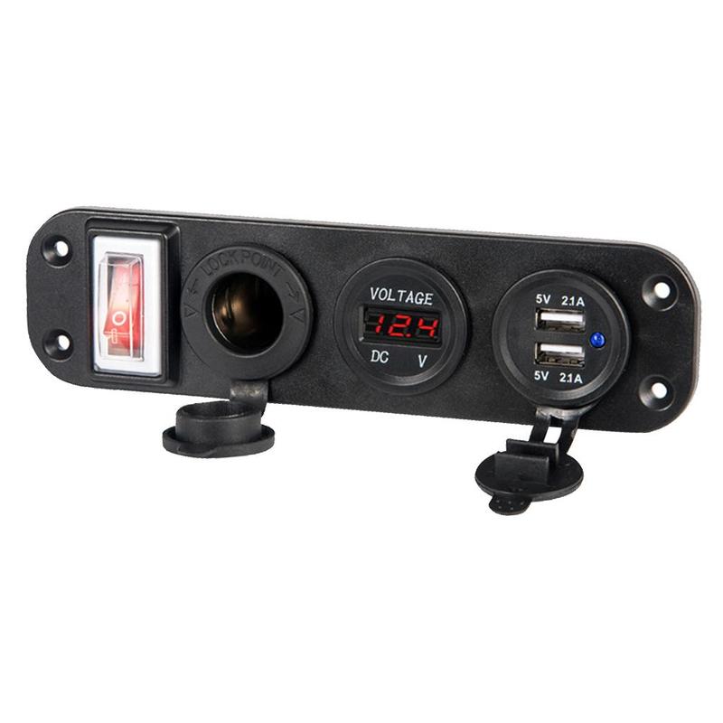 Car USB Socket Panel with Dual USB Charger Voltmeter and Power Outlet Waterproof for Vehicle Marine RV Digital Devices