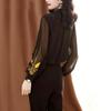 Black Chiffon Embroidery Shirt for Women with Long Sleeves Loose Boulse