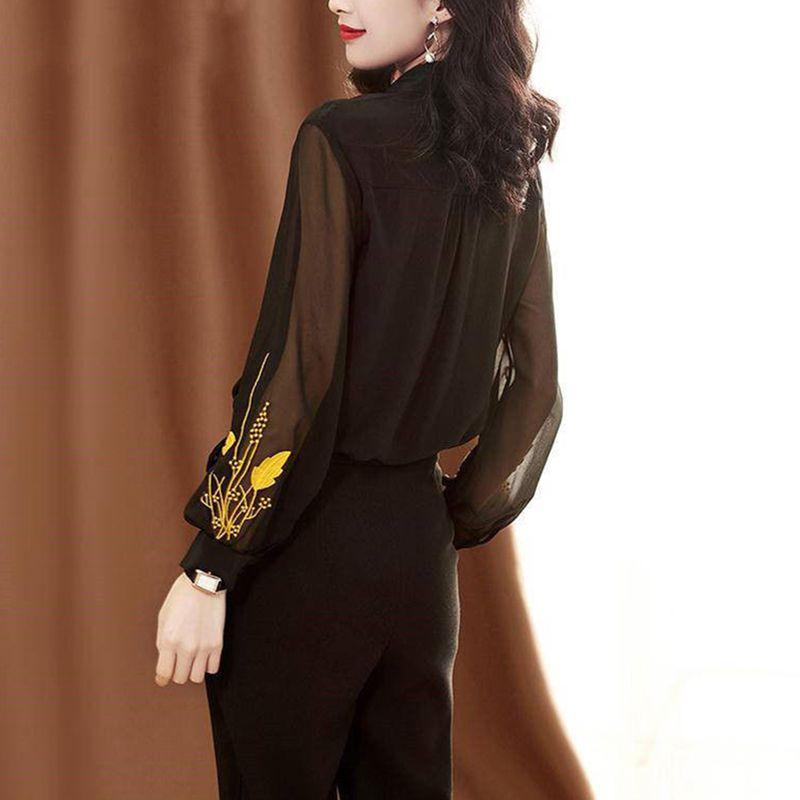 Black Chiffon Embroidery Shirt for Women with Long Sleeves Loose Boulse
