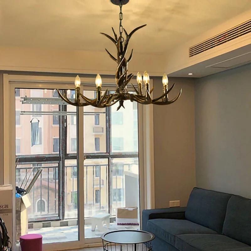Retro Style Antler Resin With Lampshade Chandelier For Living Room Dining Room Sweep Gold Spray Paint Indoor Modern Home Decor