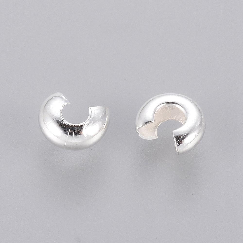 Silver Color Plated Brass Crimp End Beads Covers for Jewelry Making, Nickel Free, Size: About 3mm In Diameter, Hole: 1.2~1.5mm