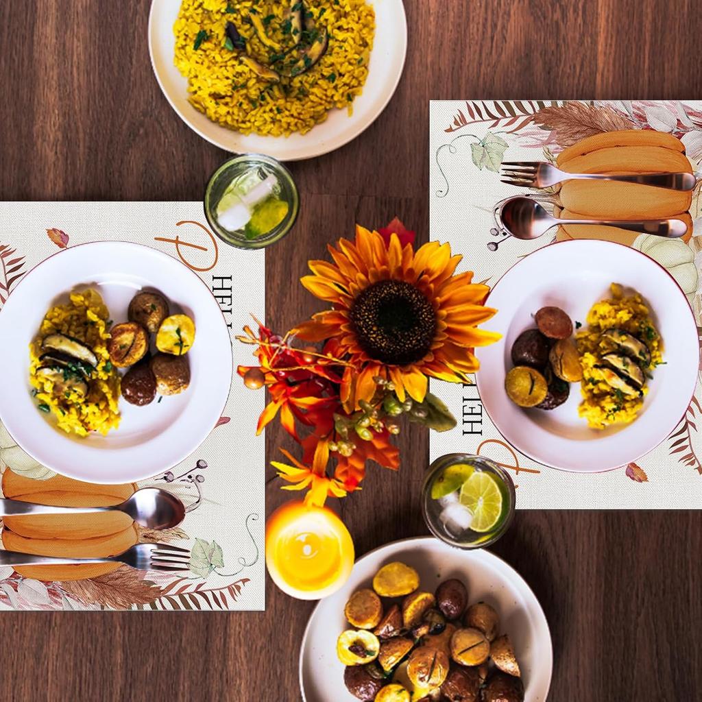 ONFAON Fall Decorations for Home,Fall Placemats Set of 4,Orange Hello Pumpkin Leaves Washable Table Dinner Mats for Autumn Farmhouse Home Kitchen