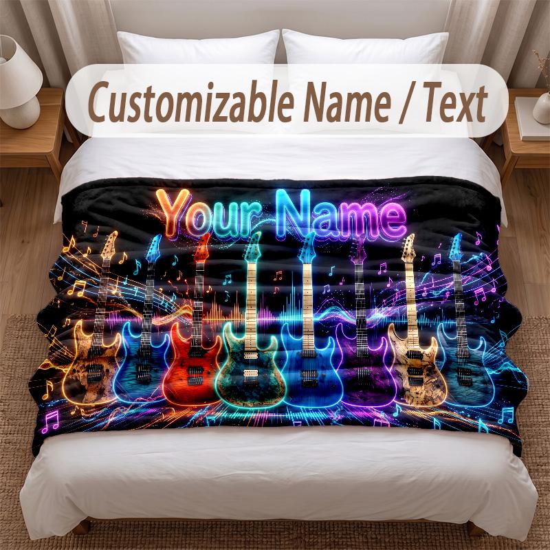 Music Guitar Theme Soft Blanket Personalized Custom Name Text Print Warm Blanket Home Sofa Bedroom Decor