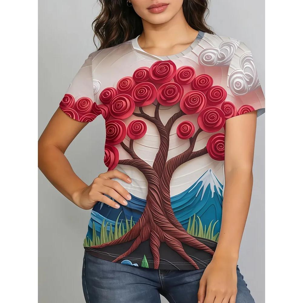 Beautiful Retro Colorful Creative 3D Printed Short Sleeved T-shirt Fashionable Comfortable Soft Breathable Large Loose Womens T-shirt