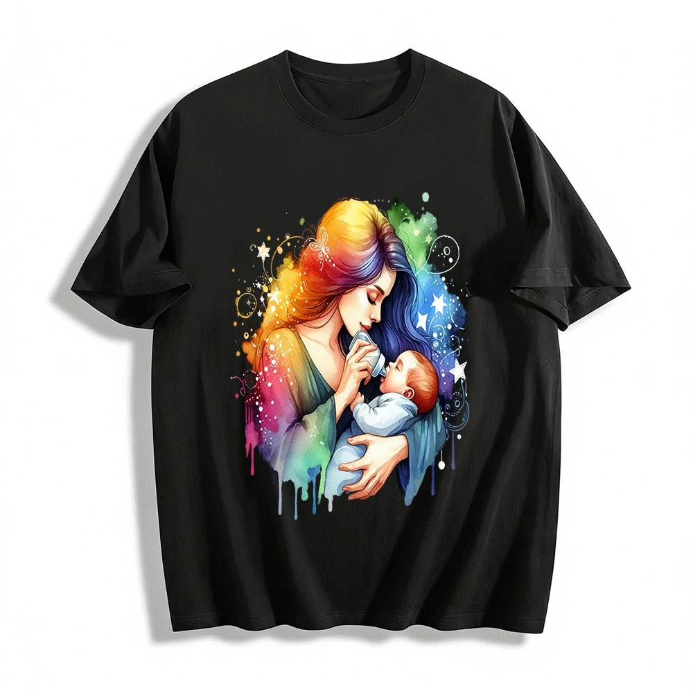 Warm Mother Baby Nursing Top Gentle Maternal Love Art Print Tee Pure cotton T-shirt XXS