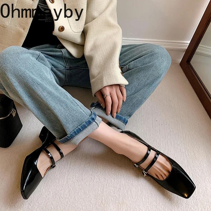 Spring Women Mary Jane Shoes Ladies Fashion Shallow Square Toe Thick High Heel Women's Elegant Red Ballerinas Shoes