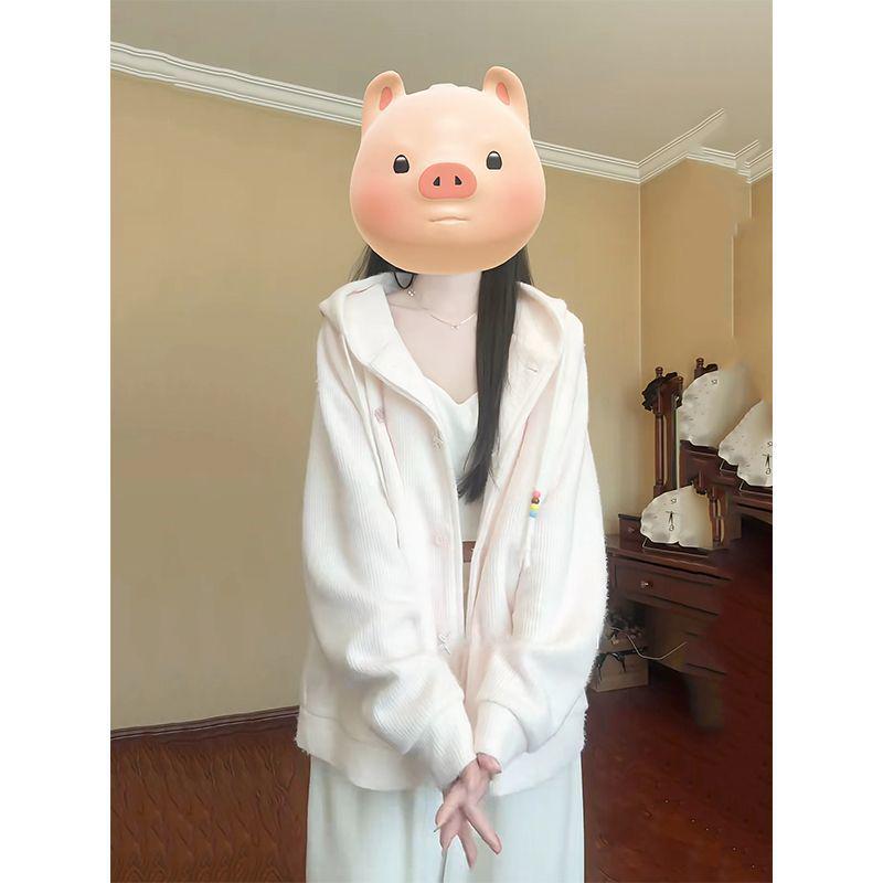 Damen Rosa Kapuzen Strick Cardigan Mantel - Koreanischer College Stil, Herbst/Winter Plus Samt Hoodie