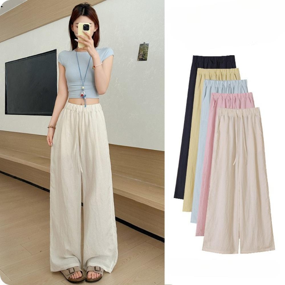 Women's High Rise Drawstring Loose Linen Wide Leg Pants Lightweight Casual Straight Trousers Solid Breathable Bottoms For Summer