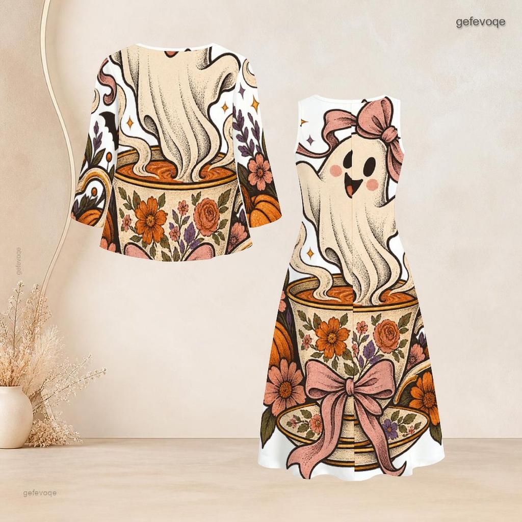 Women Plus Size Two Piece Dress Set Tie Neck Three Quarter Sleeve Cardigan Sleeveless Long Dress Halloween Ghost Pumpkin Printed White