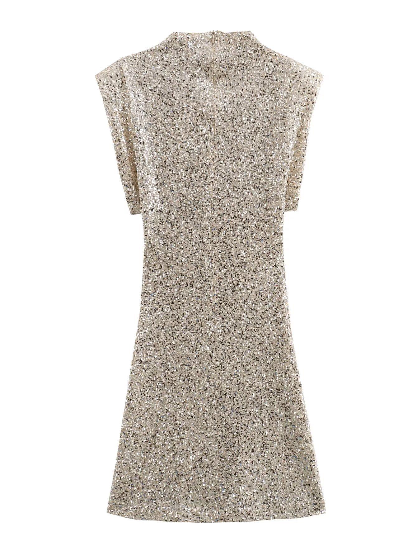 

ZA Женское летнее платье без рукавов с пайетками и подплечниками 2024 года - легкий зрелый стиль XS как