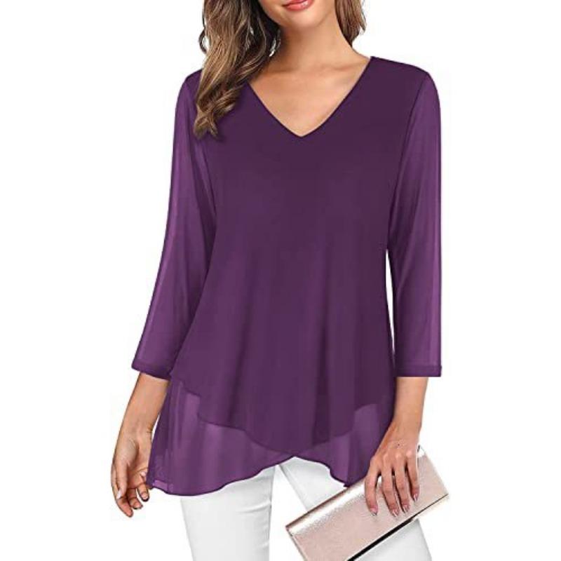 Summer Loose Seven-quarter-sleeved Chiffon Blouse Women V Neck Loose Plus Size Irregular Shirt Fashion Elegant Printed Female Top Mesh Clothing 3276